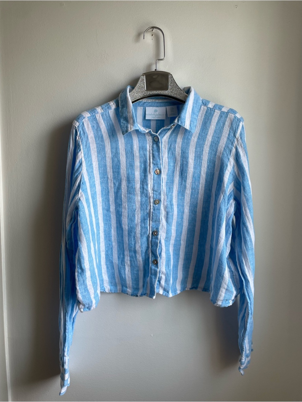 100% Linen Blue & White Striped Button-Down Crop Top-Cynthia Rowley-size M